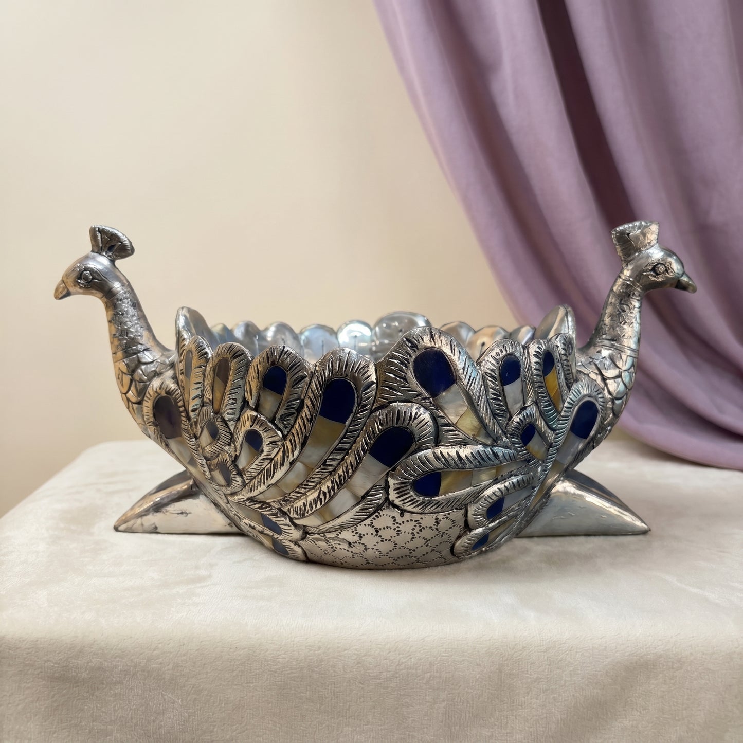 Silver Peacock Basket Urli