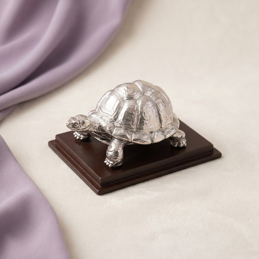 Silver Tortoise on Wood Base