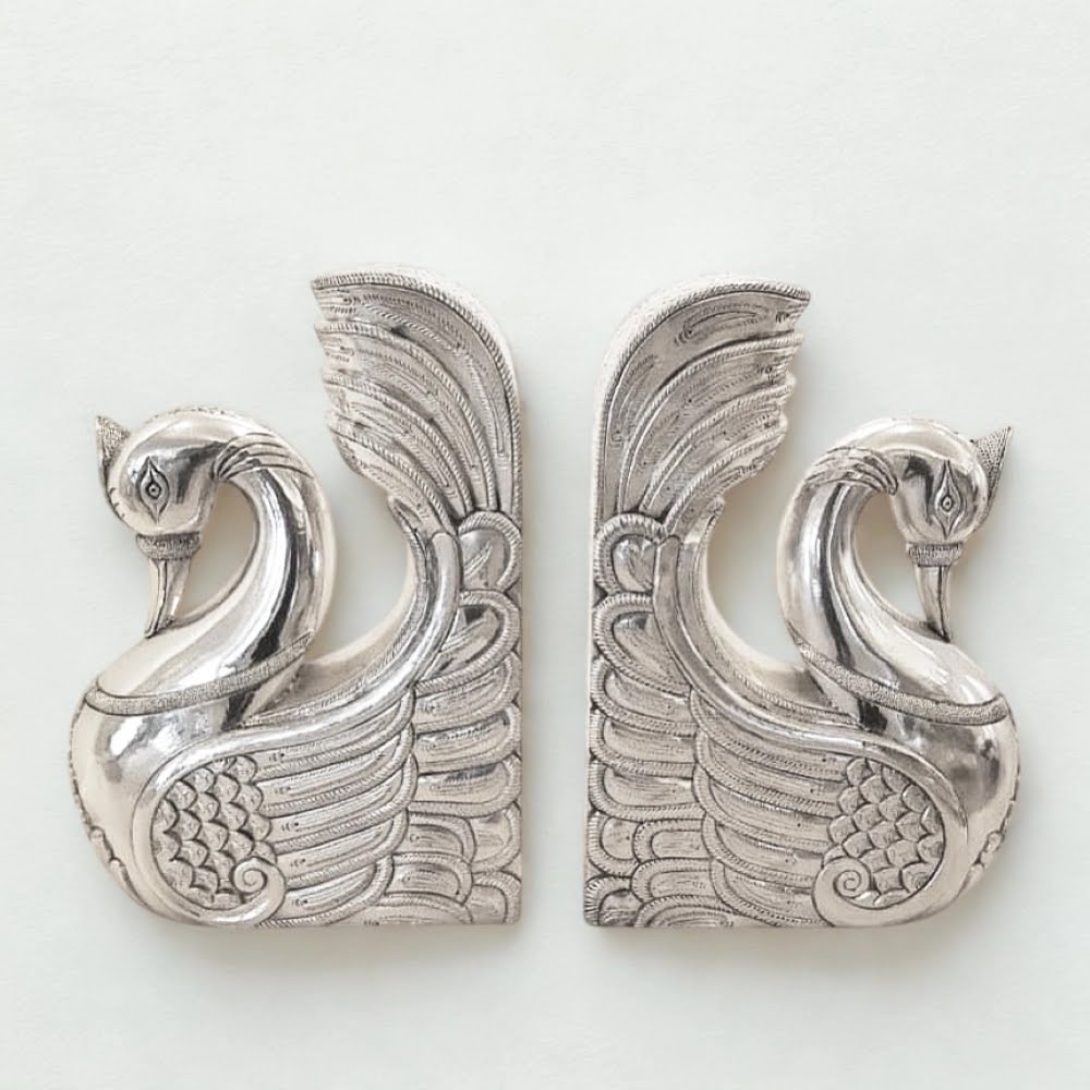 Silver Carved Peacock Bookends